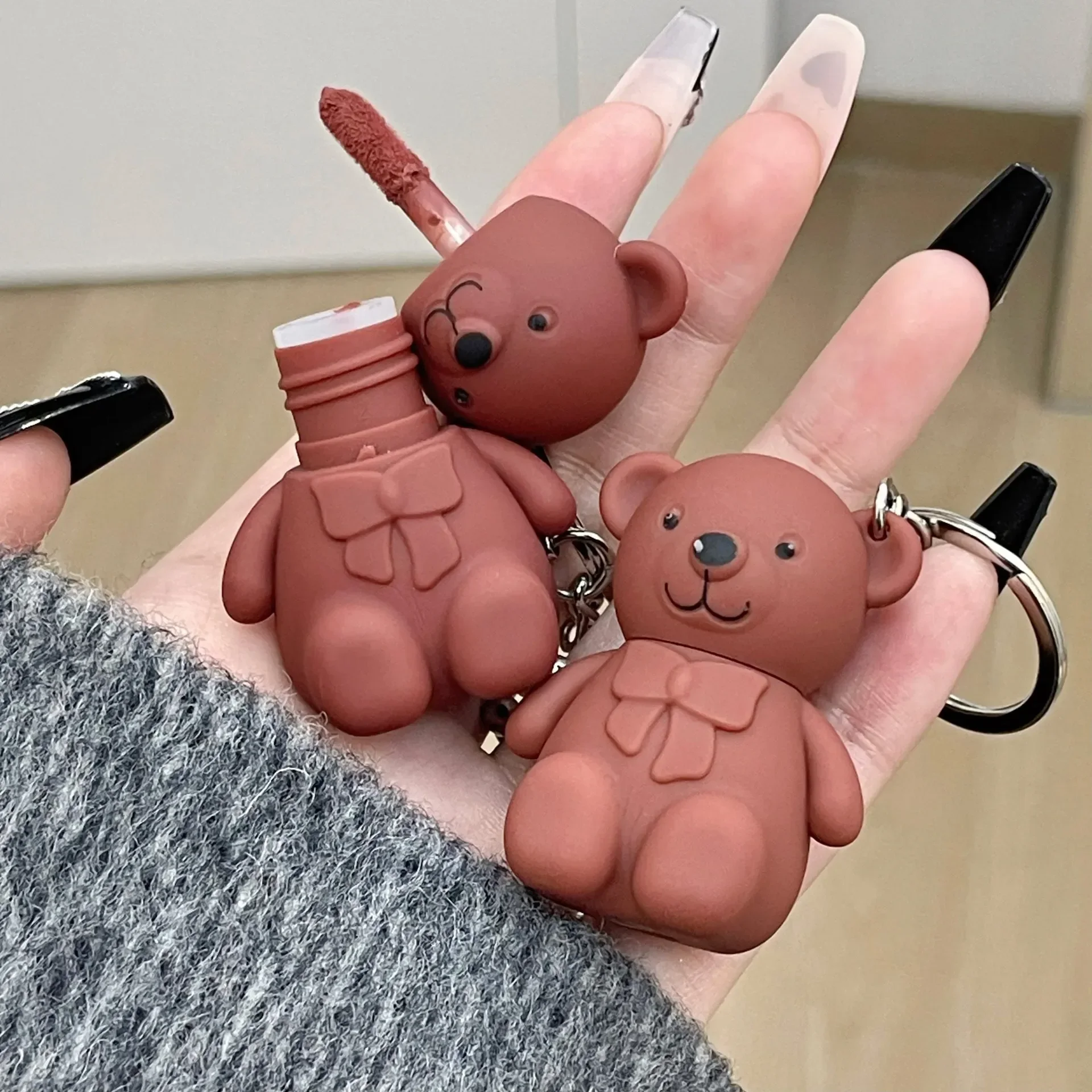 New 6 Color Cute Bear Matte Lip Mud Velvet Grey Pink Keychain Lipstick Waterproof Lasting Lip Glaze Cosmetics Portable Lip Gloss