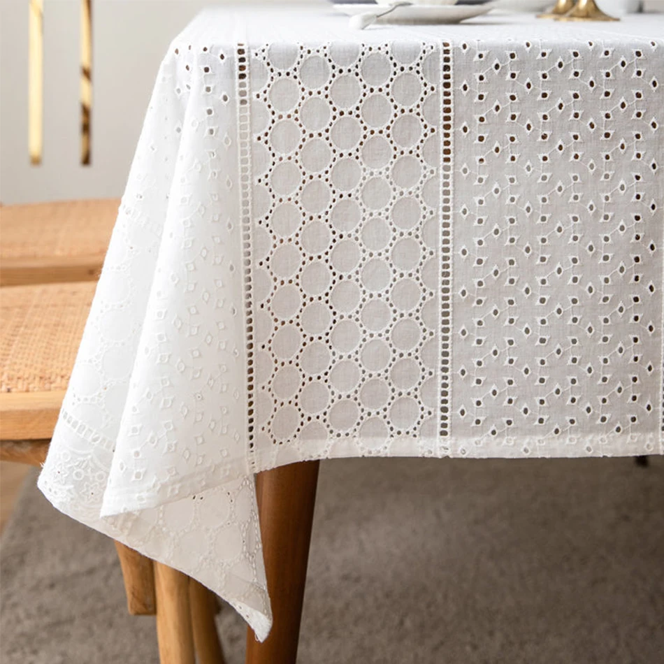 French Embroidery White Tablecloth, Cotton Tea Table Decoration,Rectangle Table Cover For Kitchen Wedding Party Dining