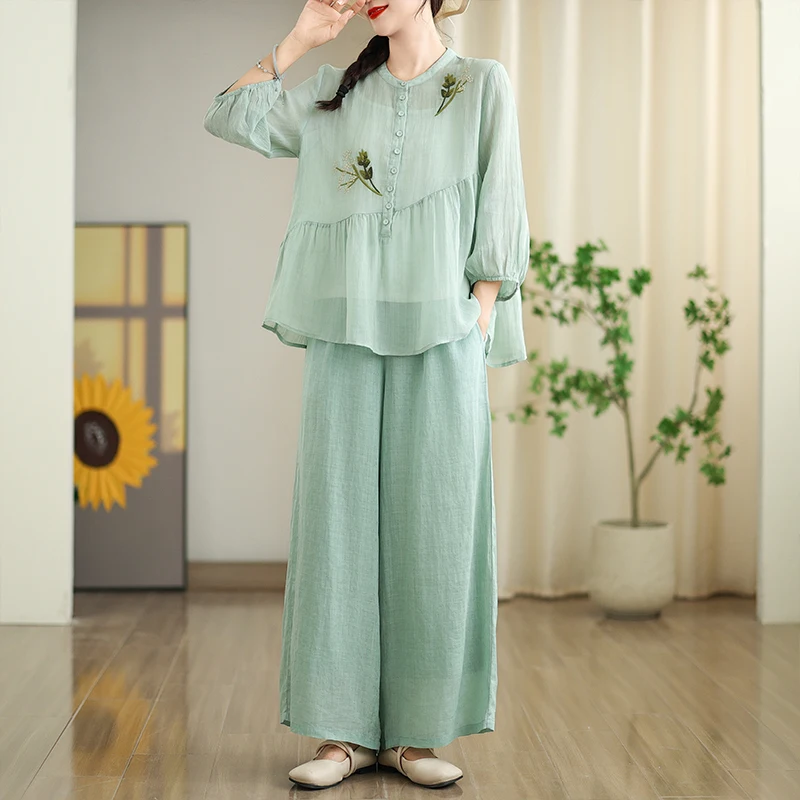 Повседневный комплект из хлопка и льна, женская футболка-квартира Све, летняя одежда с вышивкой, одинаковый комплект, широкие брюки, два пи...