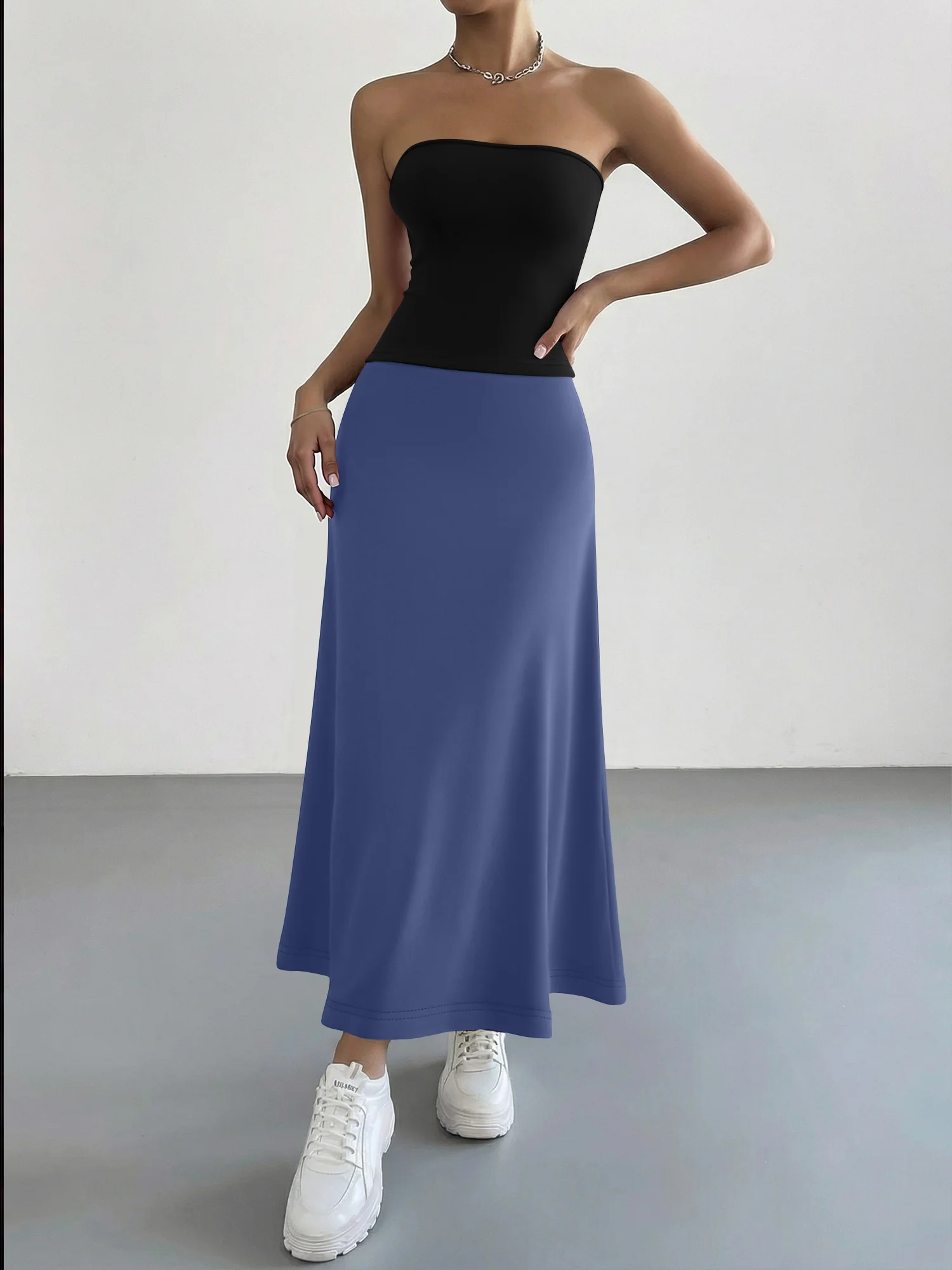 

Slim Fit Strapless Top & Floor Length Skirt Set Fashion Simple Solid Color Women's Casual Party Outfit Soft Stretchy Comfortable