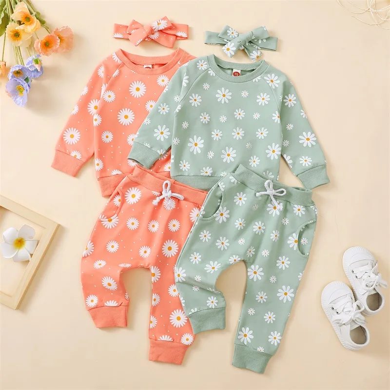 3M-3Y Toddler Girls Fall Daisy All-over Print Set Long Sleeve Round Neck Sweatshirt + Pocket Long Pants +Headband 3Piece Outfits