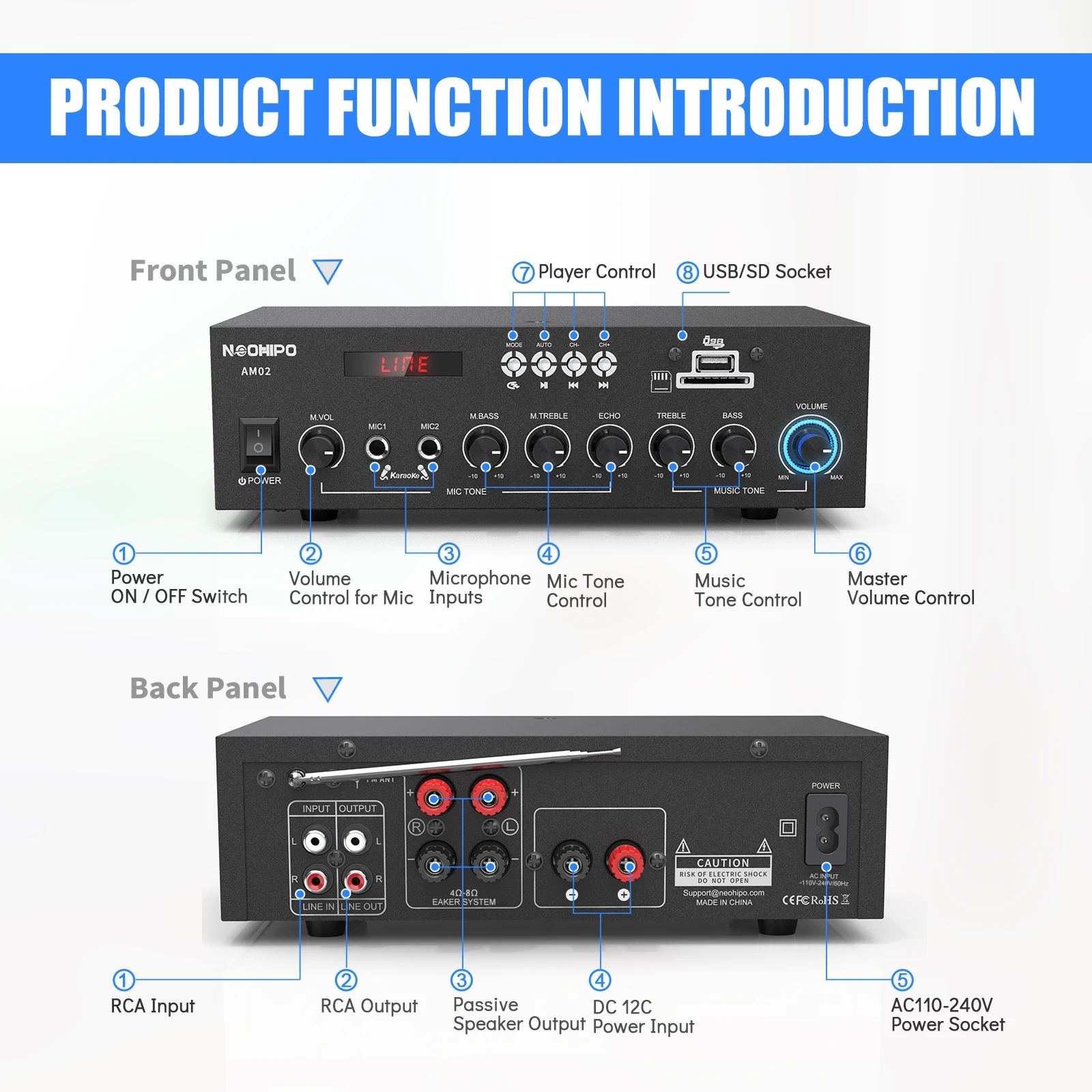 NEOHIPO AM02 300W Bluetooth AV Power Amplifier 2 Channel Audio Home Theater Amplifiers DC 12V 110V/220V Support FM SD USB 2 Mic