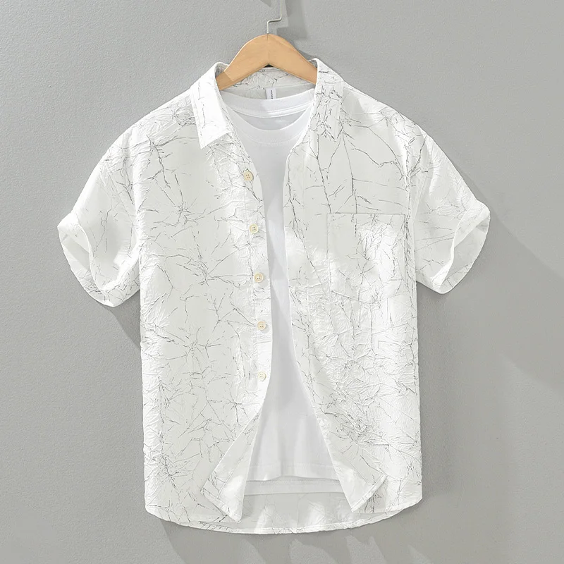 Casual Shirts for Men Fashion Texture Embossed Short Sleeve Shirt Man Loose Large Size Button-up Shirt