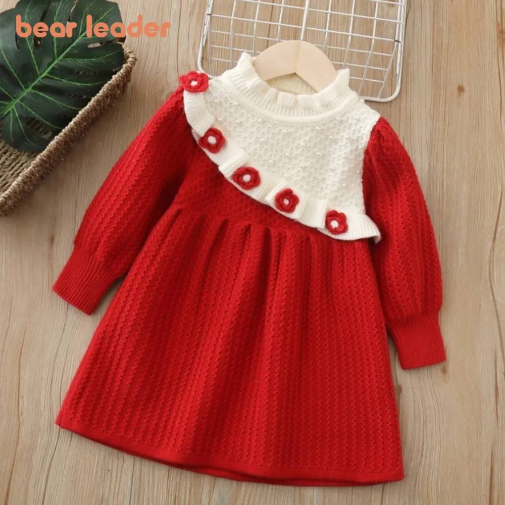 

Красный новогодний детский свитер Bear Leader, вязаное платье, осень-зима, милые платья с длинными рукавами и 3D цветами для девочек