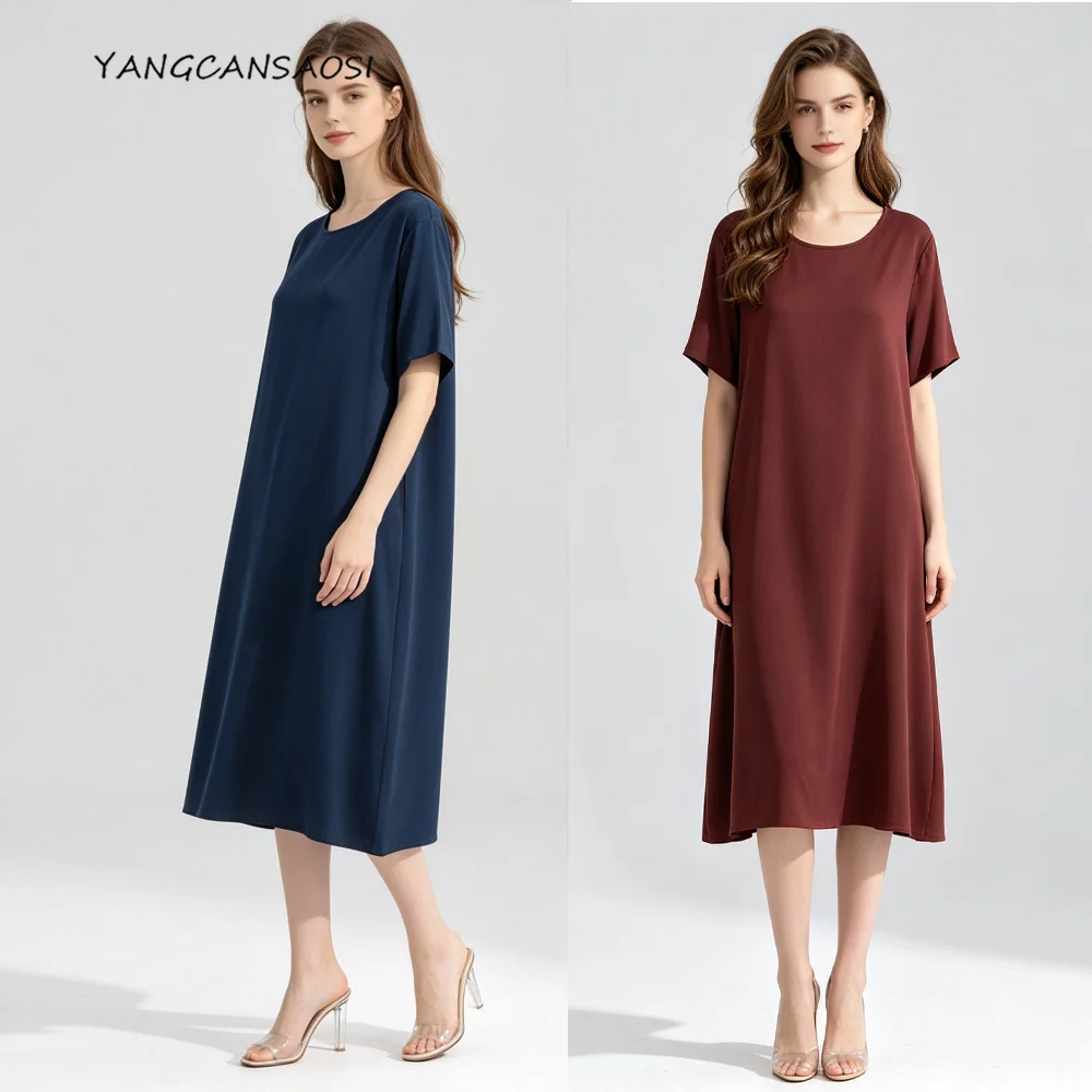Plus Size Daily Versatile 92% Natural Mulberry Silk Elastic Double Qiao Satin Fashionable Temperament Loose Women's Dress