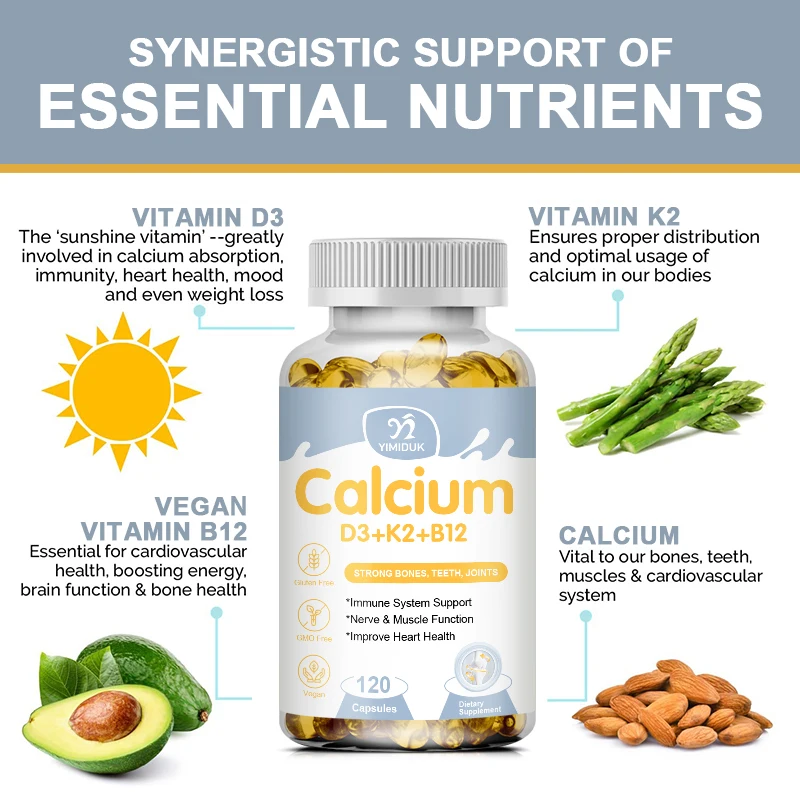 مكملات الكالسيوم بفيتامين 3 K2 B12 du ، مكمل غذائي لدفاعات عظام القلب والجسم ، 4 في 1 ،