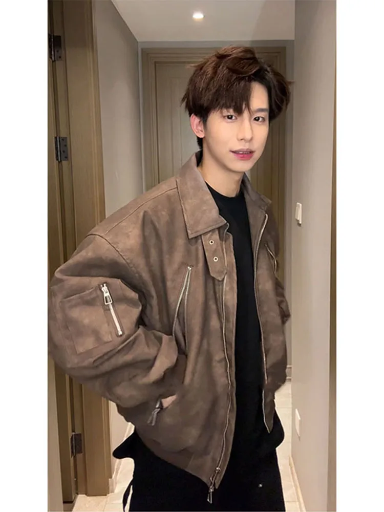 Fashion Solid Color Coats Men's 2025 Spring Autumn Tooling Faux Leather Jackets Male Long Sleeve Lapel Multi Zipper Design Tops