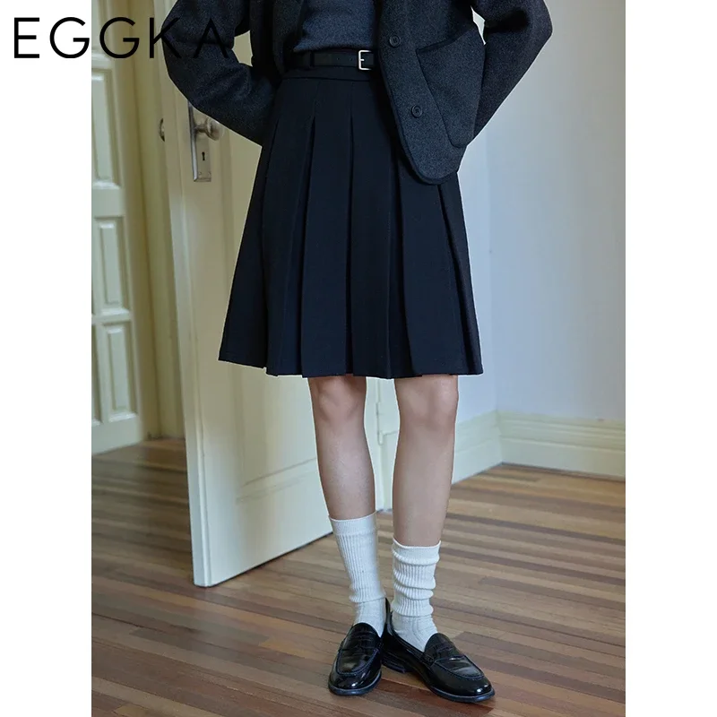 EGGKA Vintage High-waisted Pleated Mid-skirt with Belt Women's Autumn Winter Commuter Knee-length Skirt 2024 Fashion Gray Skirts