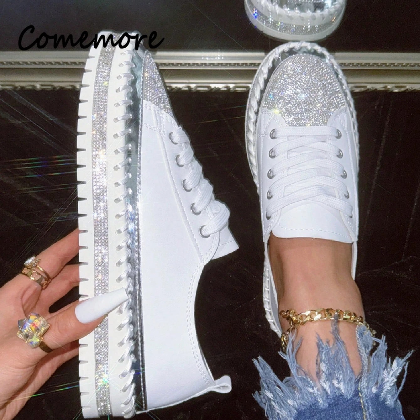 Women Shiny Rhinestones Shoes Four Seasons Casual Sneakers Women Stylish Sport Shoes Lace-Up Sneakers Shoes