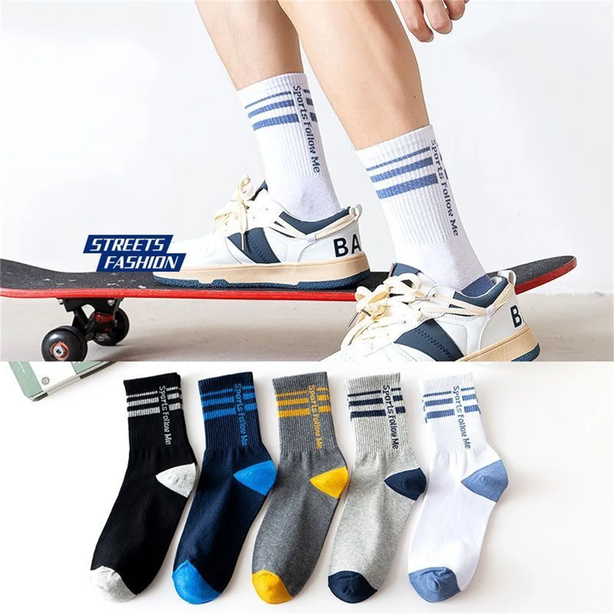 

Dreamlikelin 5Pairs/lot Socks Men's Autumn Winter Solid Color Sports Socks Letter Print Men Breathable Middle Tube Socks