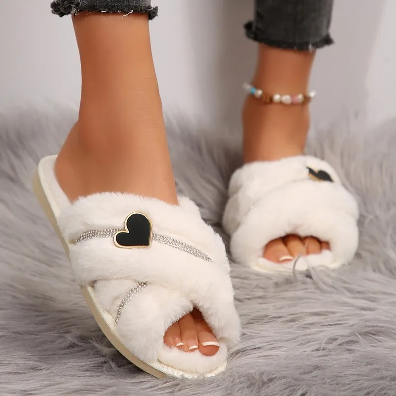 

Fashion Crystal Cross Strap Fur Slippers for Women Cozy Warm Fluffy Winter Slippers Woman Open Toe Soft Plush Indoor House Shoes