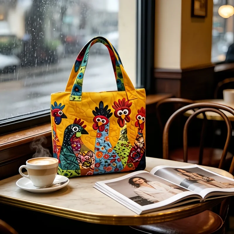 

2Pcs Colorful Rooster Print Quilted Tote Bag Set, Large Capacity Shoulder Handbag with Free Cosmetic Pouch, Multi-purpose Bag