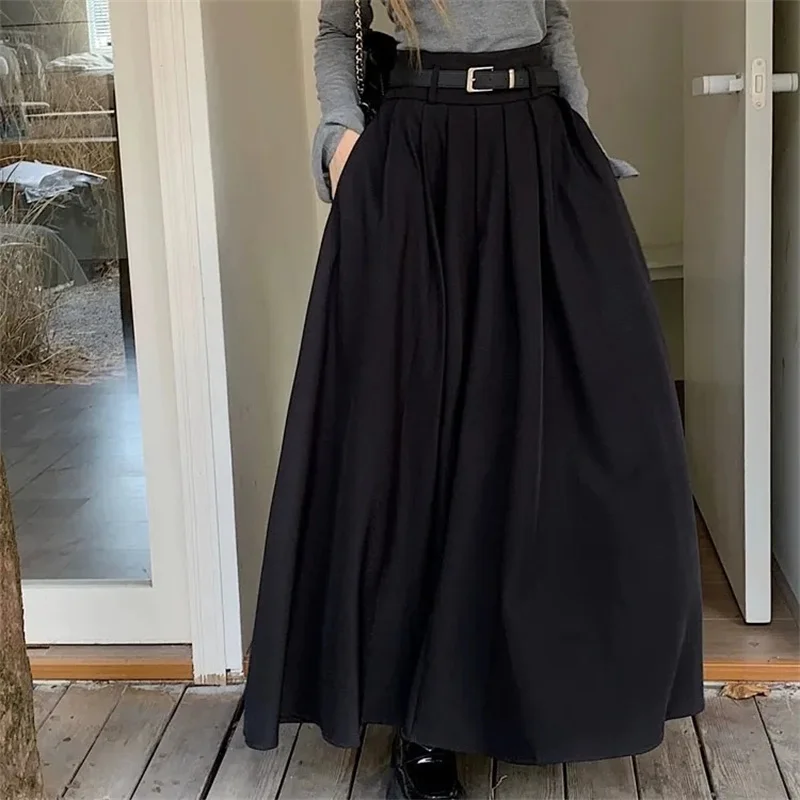 여성 빈티지 솔리드 컬러 JK 롱 스커트 소녀 우아하고 편안한 레저 드레스 여성 스위트 A라인 지퍼 플리츠 스커트