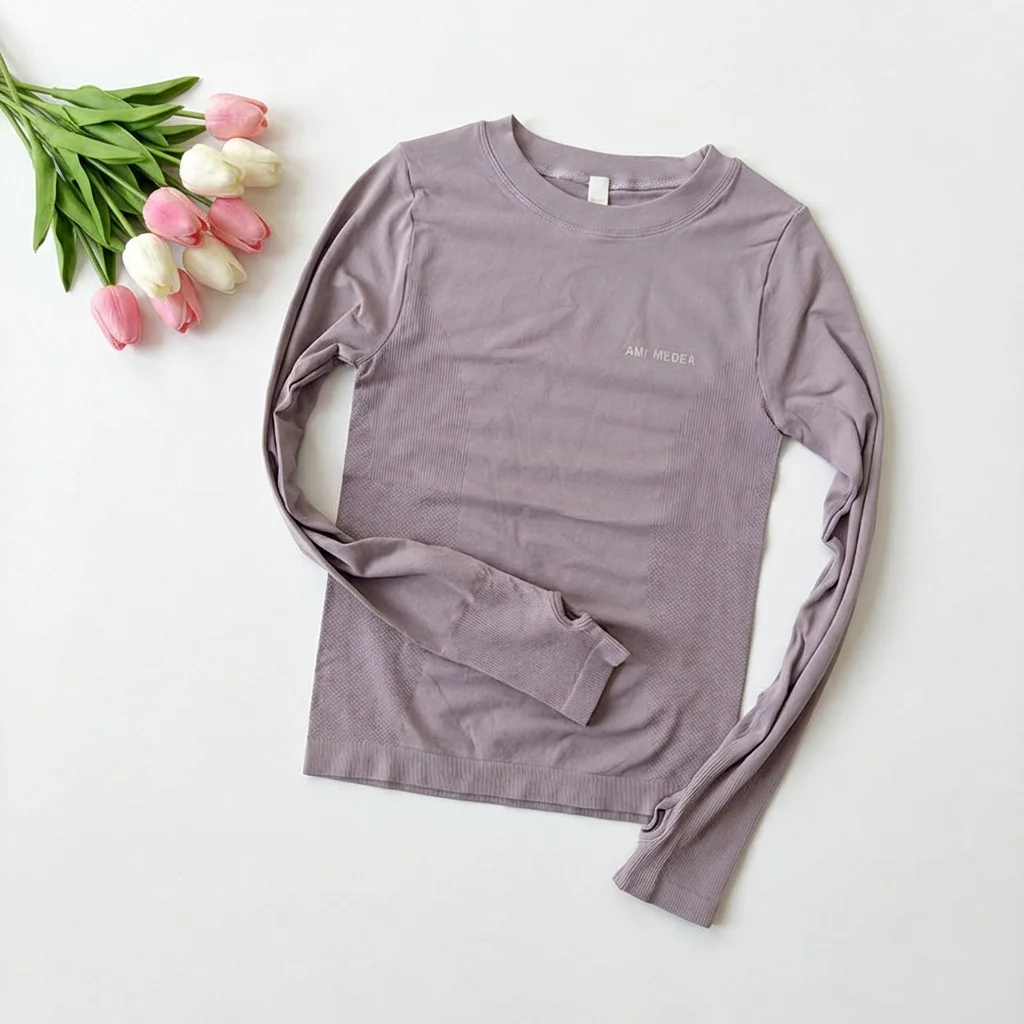 Damen Yoga-Top Nahtloses Shirt Sport-T-Shirts Fitnesskleidung Langarm Kurzarm Yoga-Shirt Gym-Top Lauf-Activewear – Detail 9