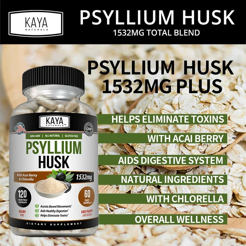 Cápsulas de Psyllium Husk, Saúde Desintoxicante, Enriquecido com Raiz de Gengibre e Aloe Vera, 1532 mg