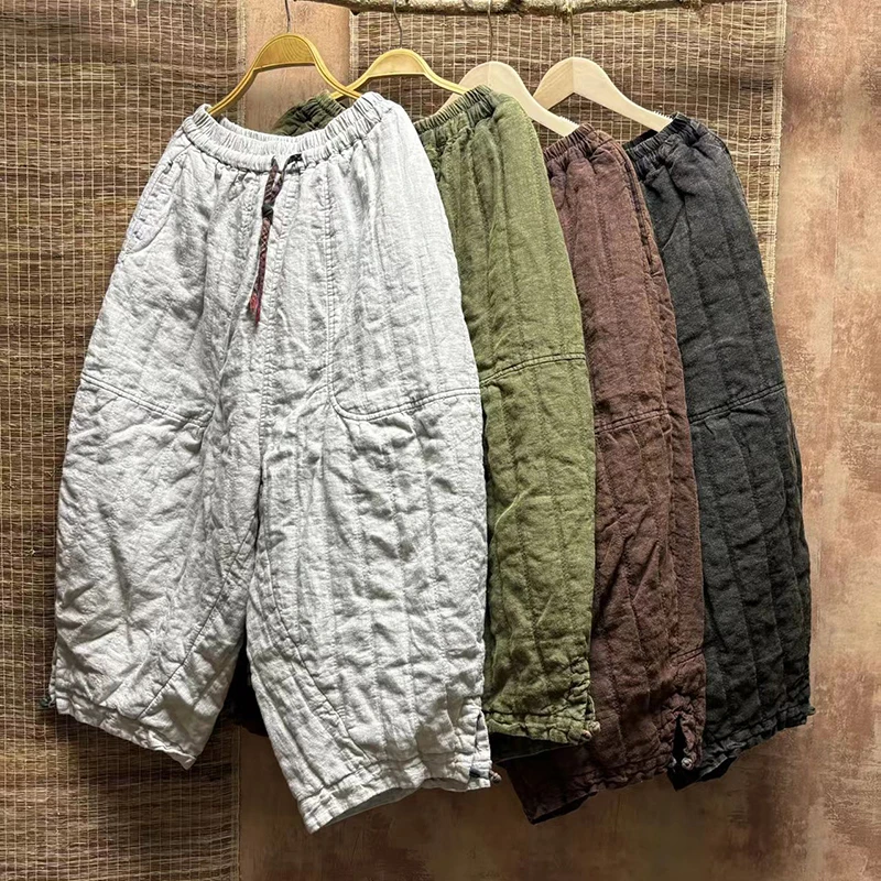 Outono inverno artes estilo feminino cintura elástica solta tornozelo comprimento calças de alta qualidade engrossar algodão linho vintage harem calças