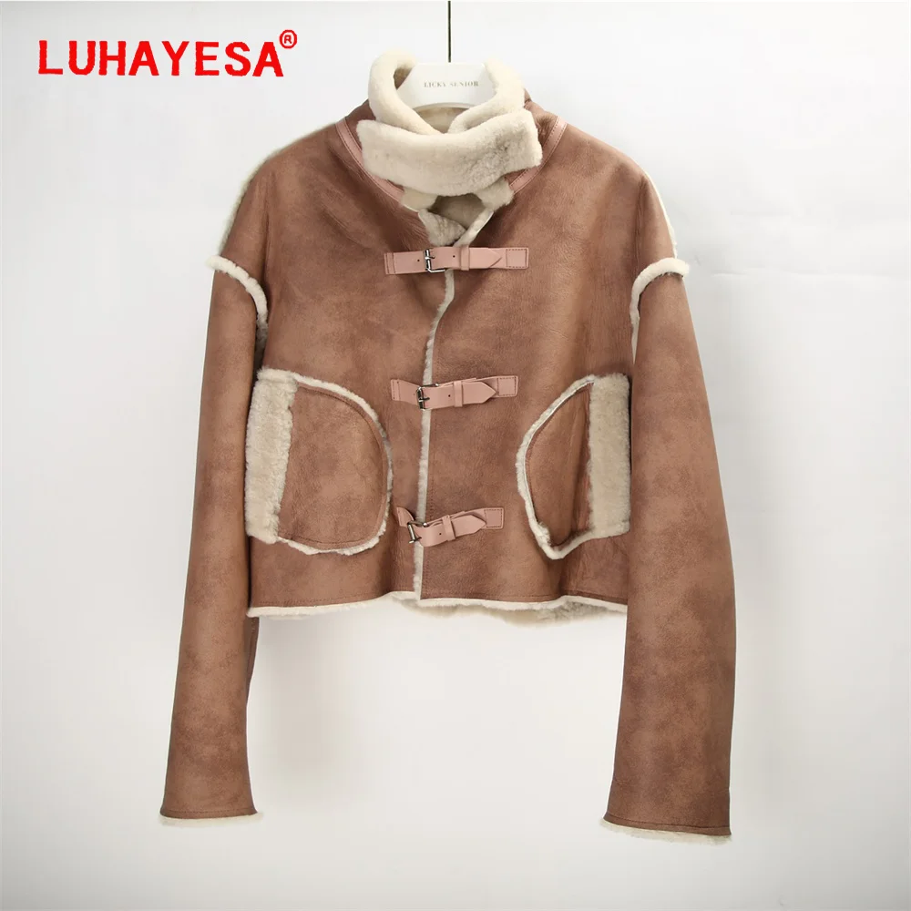 

2023 New Women Brown Short Sheepskin Fur Shearling Coat Ladies Winter Autume Casual Merino Lamb Fur Overcoat