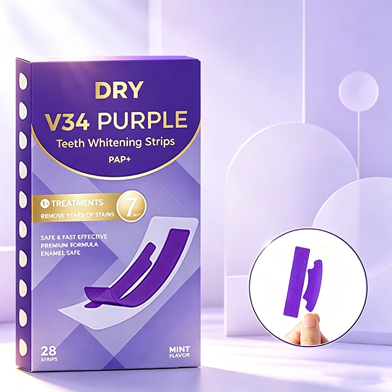 GlorySmile V34 Purple Dry Teeth Whitening Strips Color Correction Non‑residue Enamel Safe Home Dental Whitening Strips 28Pcs