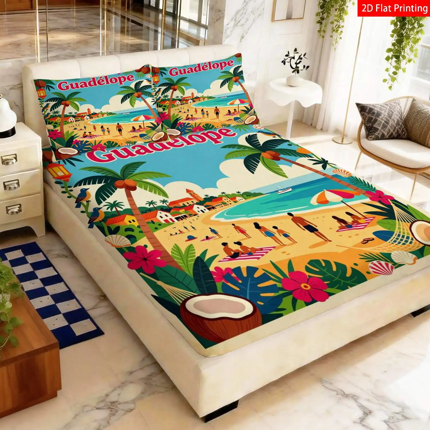 2D printed fitted sheet, tropical style, beach-themed bedding. 2D digital print three-piece bedding set (includes 1 fitted sheet + 2 pillowcases). 3-piece set, large-capacity deep pocket 2D printed fitted sheet and 2 pillowcases. Bedding mattress protector. Fitted elastic style. Protective cover. Mattress protector. Machine washable design. Holiday decoration. Various sizes. Breathable protective cover plus pillowcase