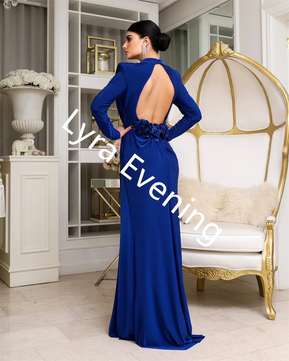 Customized High Quality Navy blue Satin Evening Dress High Collar Long Sleeves Celebrity Gowns Flowers Special Occasion Gowns