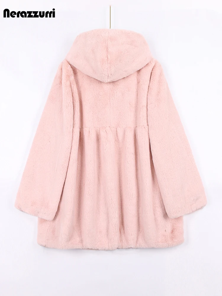 Nerazzurri Spring Autumn Pink Pleated Soft Light Faux Fur Coat Women with Hood High Waist Fluffy Jacket Casual Korean Clothes