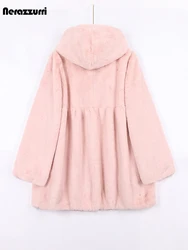 Nerazzurri – manteau en fausse fourrure pour femme, veste plissée, rose, douce et légère, avec capuche, taille haute, vêtements coréens décontractés, printemps automne