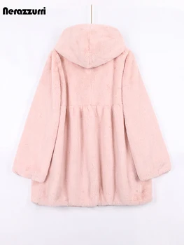 Nerazzurri primavera autunno rosa pieghettato luce morbida pelliccia sintetica cappotto donna con cappuccio a vita alta giacca soffice abiti coreani Casual
