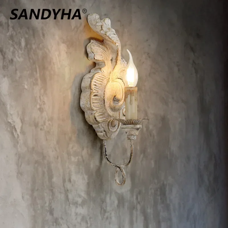 SANDYHA  American Retro Wall Lamp Antique Solid Wood Craftsmanship Home Decoration Living Room Bedroom Bedside Lighting Fixtures