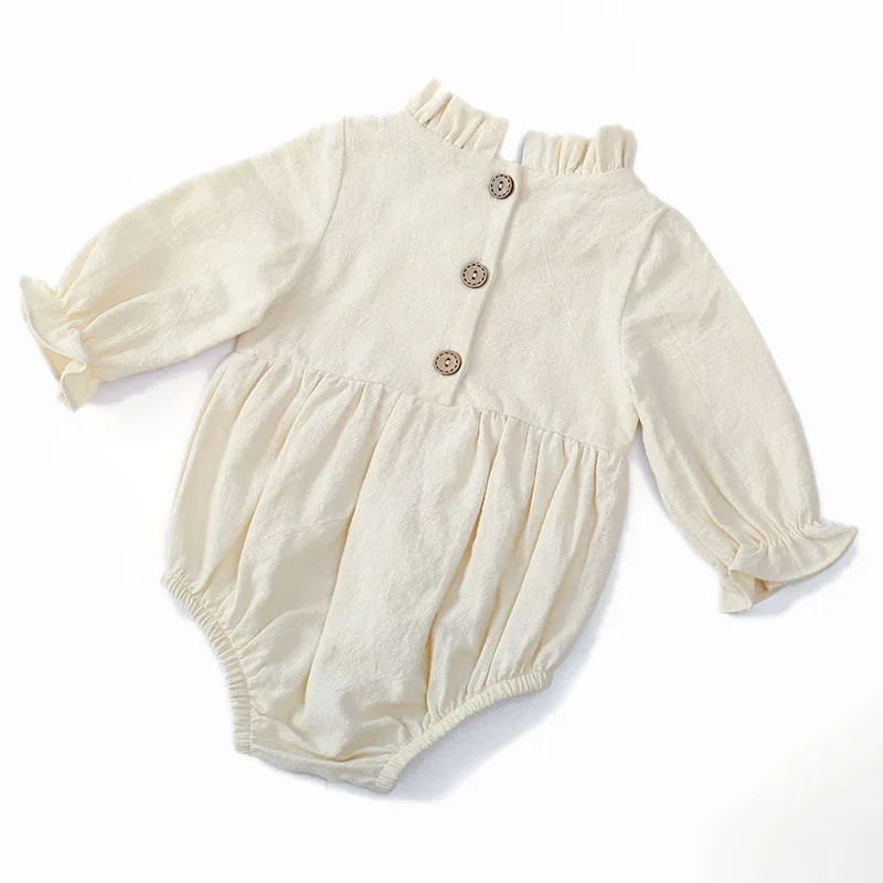 Bodysuits & One-Pieces New Long-sleeved Cotton Linen Newborn Romper Solid Color Flying Sleeves Lace Neckline Onesie image 5