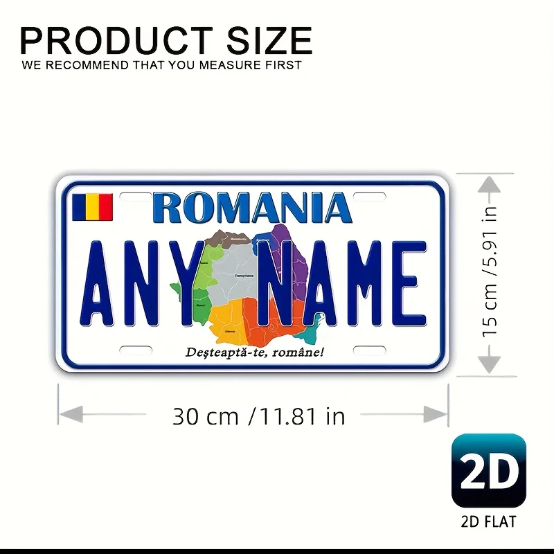 2D Flat, 1pc Aluminum Wall Art Sign - 11.81x5.91 Inches (30cm x 15cm) - Romania Map Design - Durable Metal Decorative Panel Suit