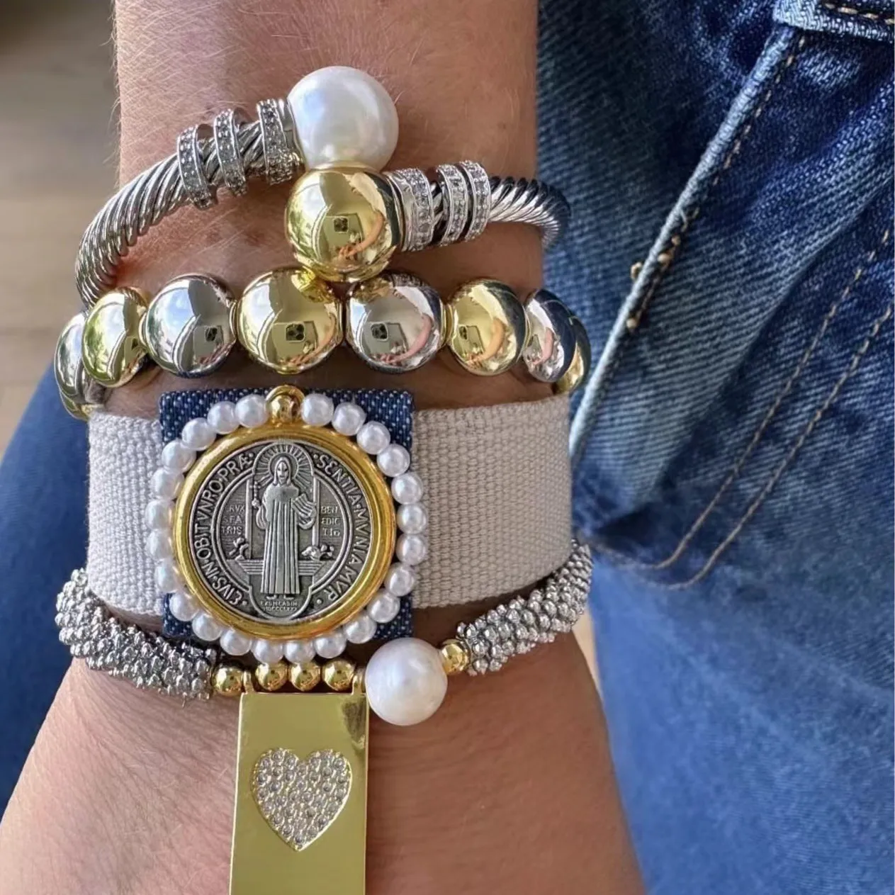 Copper Holy Mother Dial Cloth Strap Bracelets Imitate Pearl Big Round Ball Gold Silver Color Bangle Bohemian Vintage Jewelry