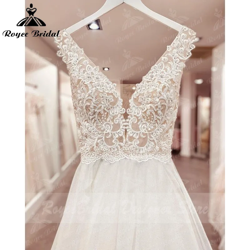 Civile Boho A Line abito da sposa Tank scollo A V Appliques di pizzo Tulle perline abiti da sposa senza schienale Robe De Mariee abito da sposa