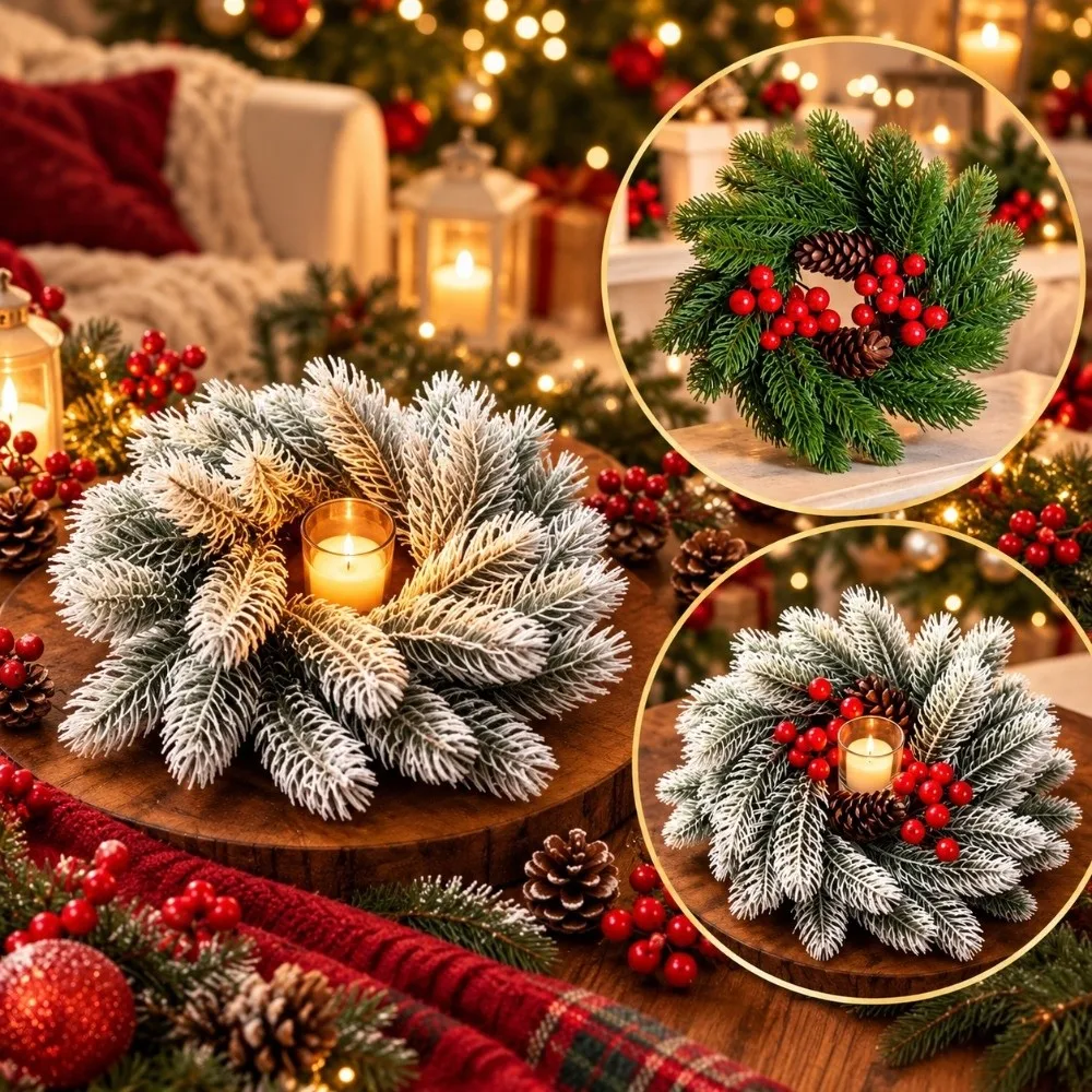 Simulated Christmas Wreath Candlestick Pinecone Handmade Artificial Wreath Candle Rings Decorative Pine Needle