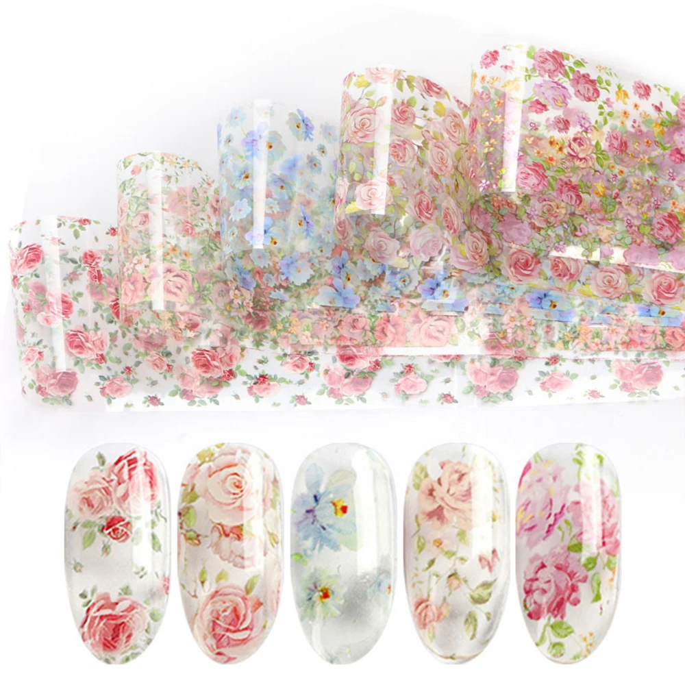 10Roll/Box Rose Flowers Designs Transfer Foil Sky Decals Transfer Foil Nails Sliders Holographic Flower Stickers Manicure Decor*