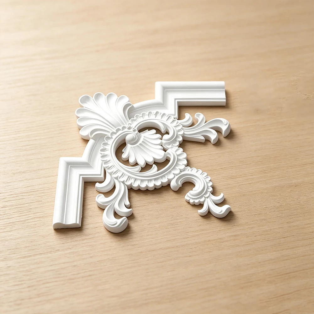 European Vintage PU Corner Moulding Ceiling, Floral Relief Carved Wall Medallion For Home Living Cabinet Feature Wall  Decor