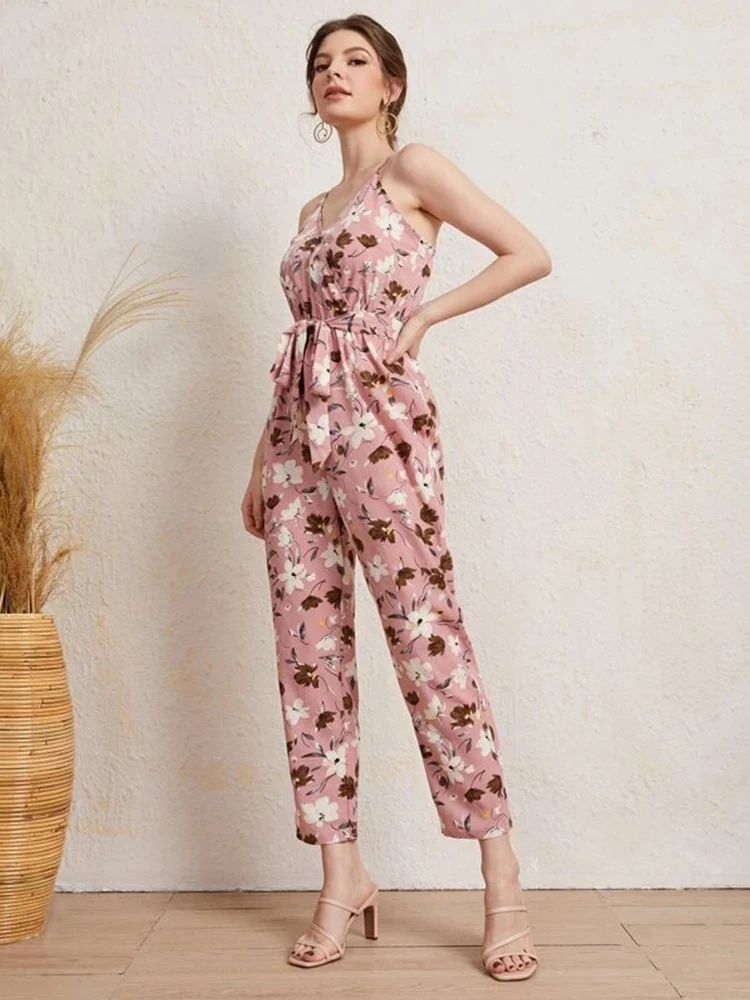 Fashion Women\'s Casual Romantic Halter Flower Print With Belt Lace-up Romper Casual Romper