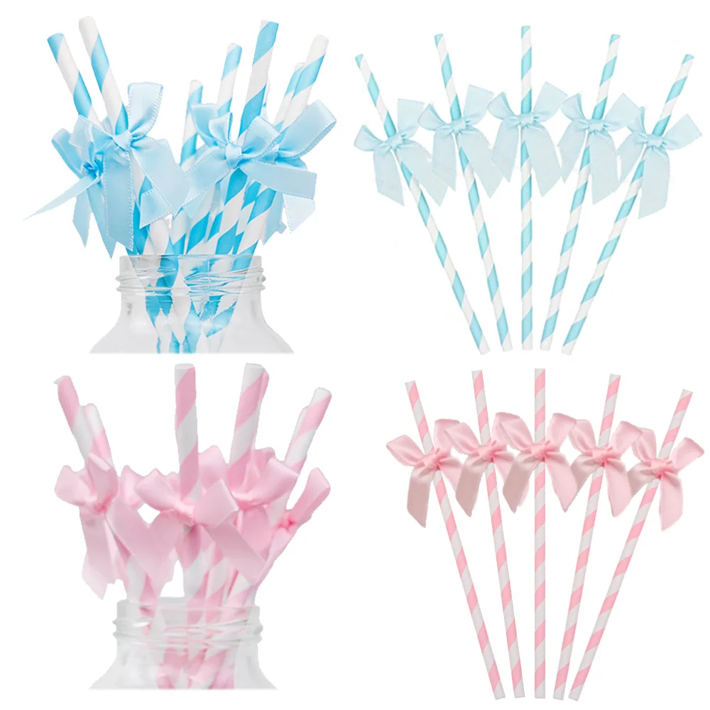 10/20/30/50/100pcs Bow Pattern Pink Blue Drinking Straws Girls Birthday Party Wedding Baby Shower Decoration Supplies Gifts