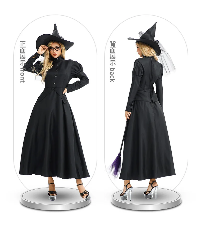 Волшебник страны Оз костюм на Хэллоуин сценический женский костюм ведьмы косплей черная ведьма игра длинное платье со шляпой волшебник нарядное платье Волшебник страны Оз костюм на Хэллоуин сценический женский костюм ведьмы косплей черная ведьма игра длинное платье со шляпой волшебник нарядное платье