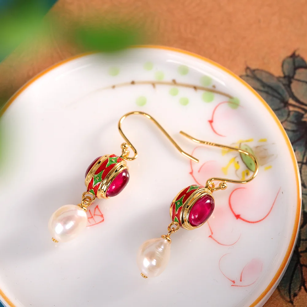 S925 Sterling Silver Drop Earrings for Women Enamel Pattern Inlaid Red Corundum Baroque Pearl Ear Drop Fashion Jewelry Wholesale