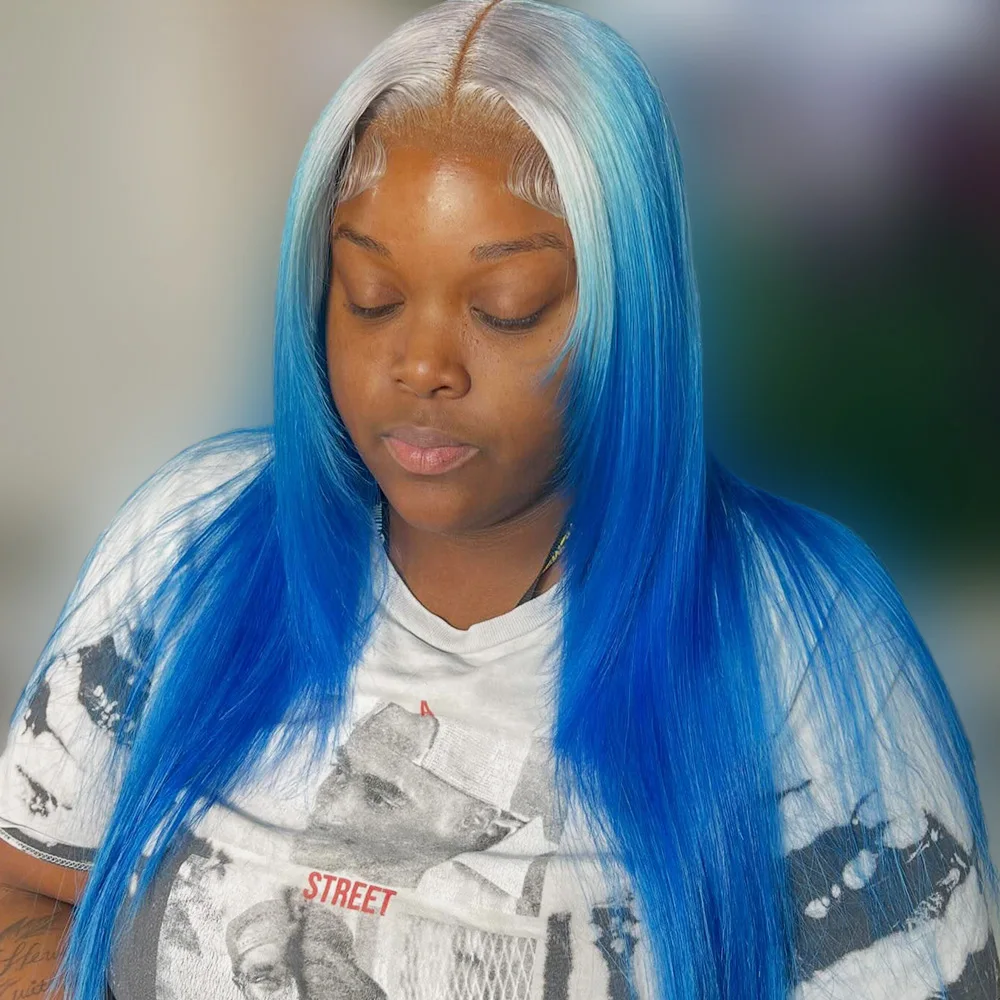 أومبير الأبيض الأزرق مستقيم 13x6 الدانتيل الجبهة خصلات الشعر المستعار الإنسان البورمية الشعر قبل نتف 13x4 الدانتيل الشفاف شعر مستعار أمامي للنساء #2