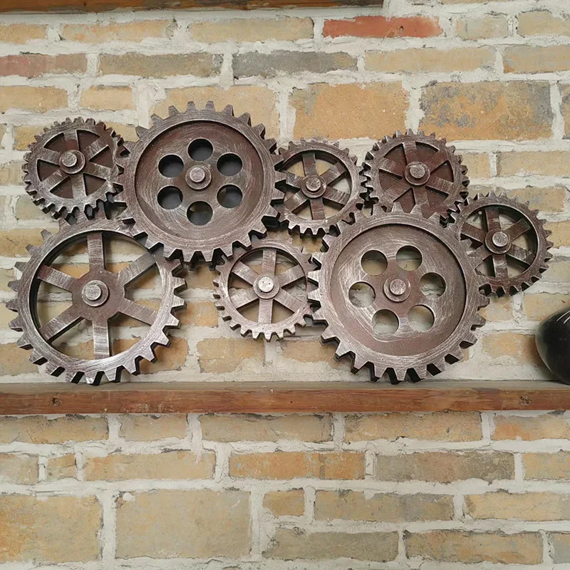 Retro Wooden Gear Wall Deco Industrial Wind Clocks Walls Hanging Bar Living Room Loft Wall Decor Pendant sets