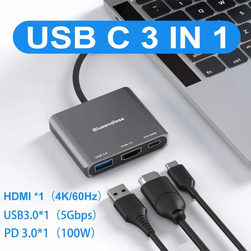 3 in 1 Port Type C HUB HDMI 4K/60Hz Expander USB3.0 5Gbps Splitter PD 3.0 100W Adapter USB C Converter  For Xiaomi Phone Tablet