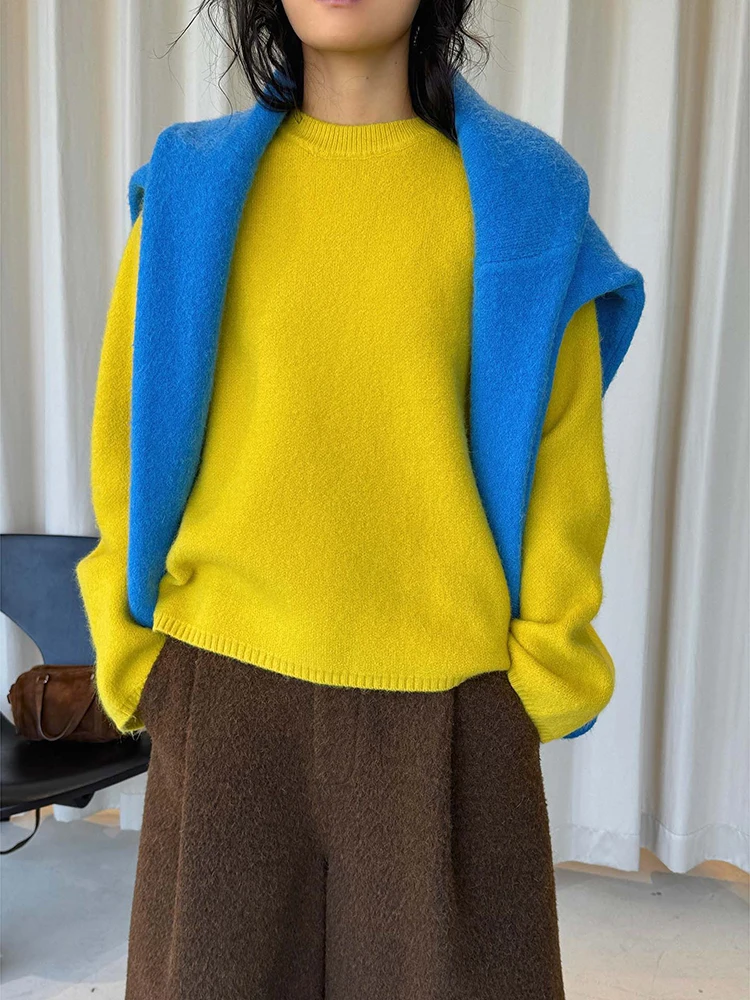 FANAN Koreaanse stijl breien trui voor vrouwen ronde hals lange mouw kantoor dame warme tops minimalisme 2025, winter nieuw