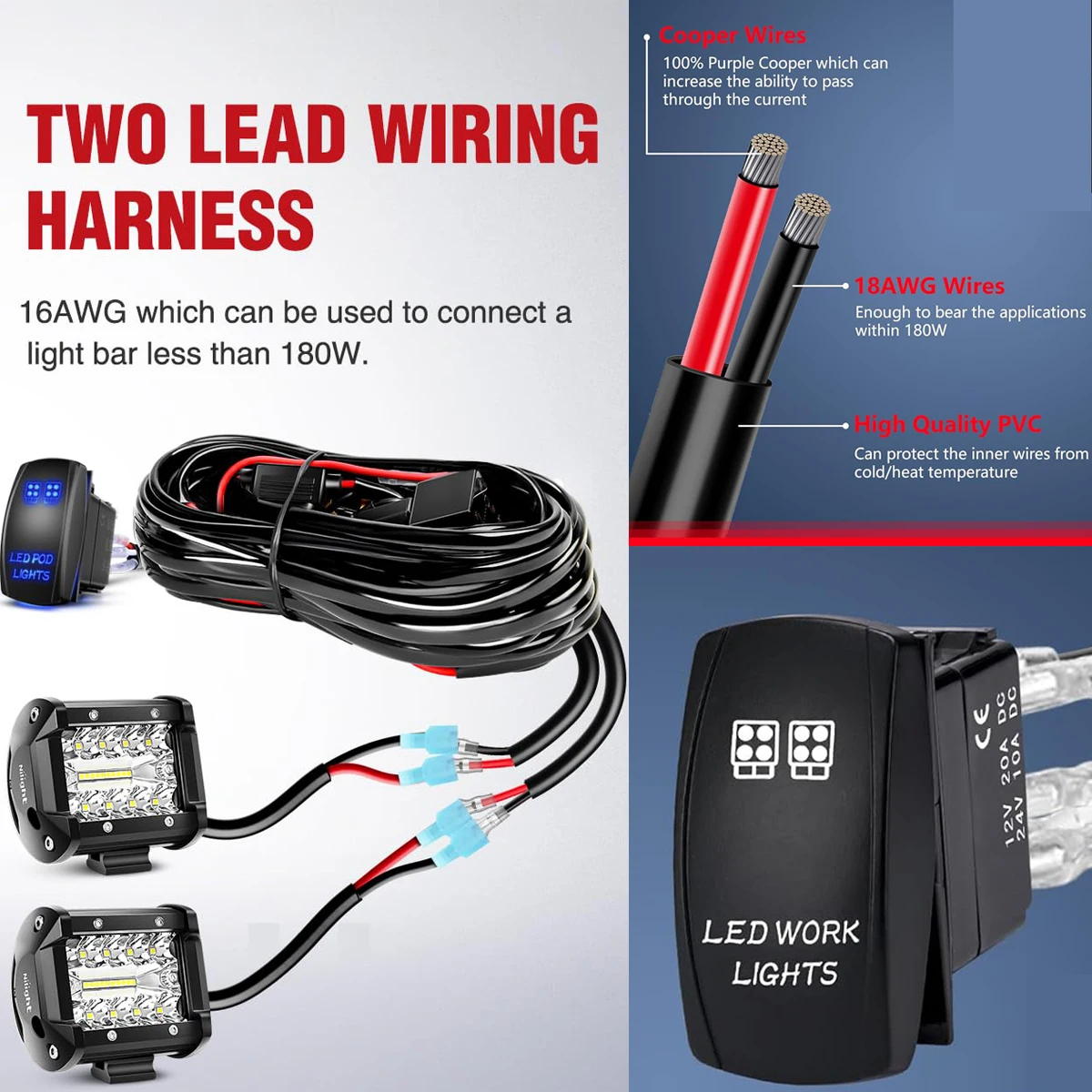LED Lichtbalk Bedradingset 14AWG Heavy Duty 12V 5-pins Rocker Laser Aan/Uit Schakelaar Stroomrelais Bladzekering - zonder verlichting