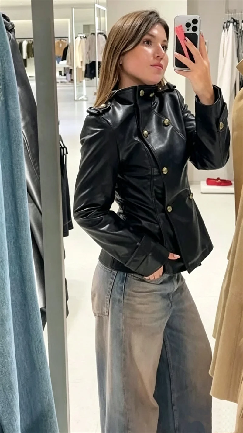 Guobioziy Women's Jacket 2026 Fall New Fashionable Versatile Long-Sleeve Stand Collar Double-Breasted Leather-Effect Jacket
