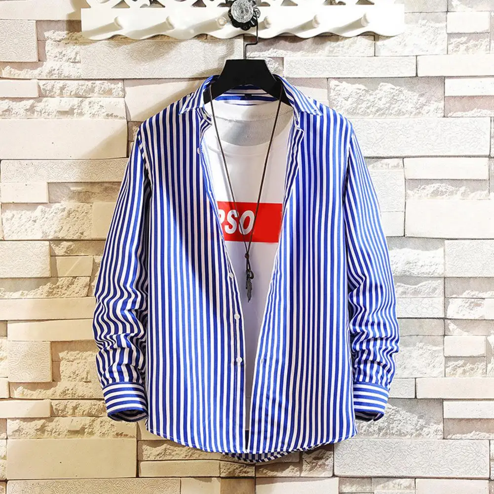 

Men's Lapel Long Sleeve Dress Shirt Blue Striped Shirt Business Office Work Formal Casual Slim Shirt Pocket Work Tops Streetwear