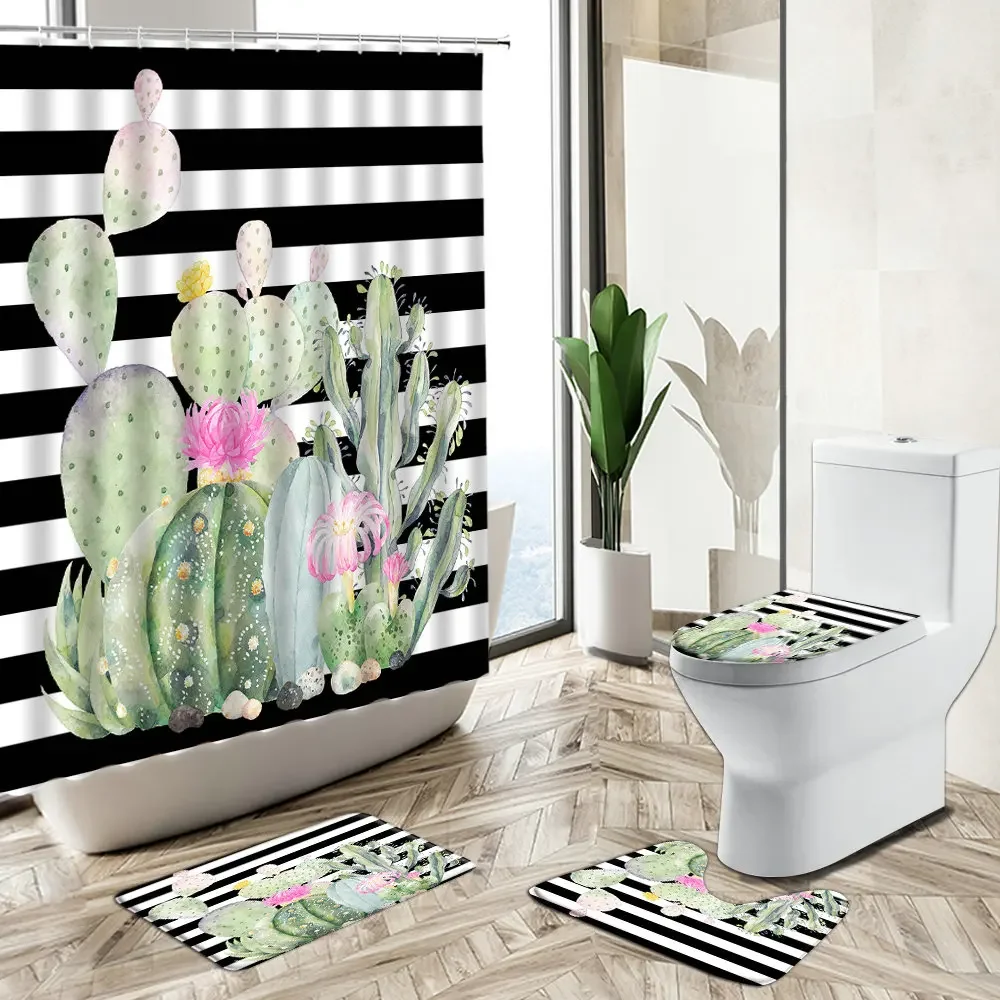 Tropical Cactus Shower Curtain Watercolor Art Bathroom Set Green Plants Flowers Non-Slip Carpet Toilet Cover Floor Mat Washable