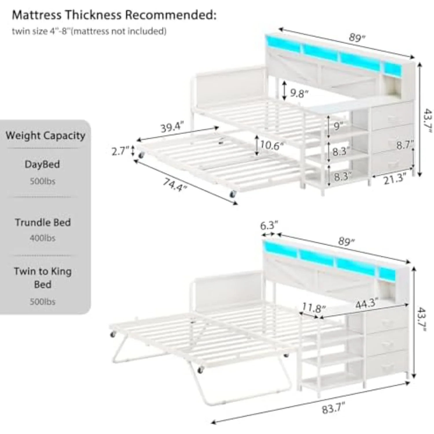 Daybed Twin with Pop Up Trundle, Farmhouse Wooden Day Bed Frame with 3 Storage Drawers and Shelves, Twin to King Daybed