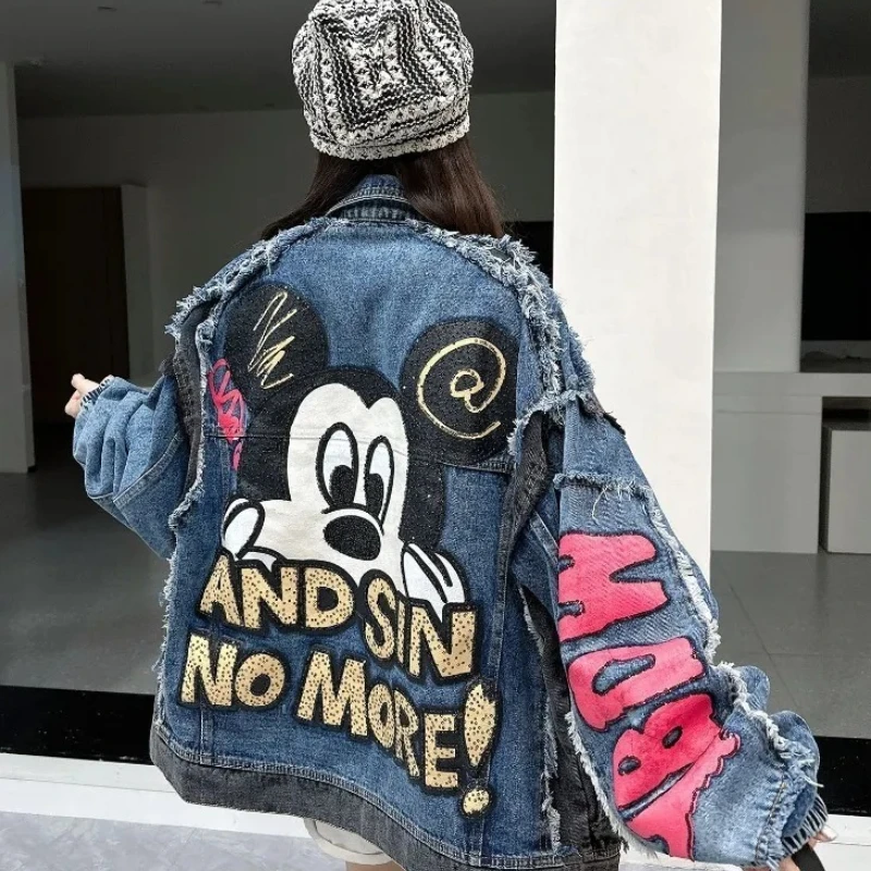 Kurtka dżinsowa vintage z haftem Myszki Miki - postarzany wygląd i napisem "AND SIN NO MORE!". Slogan, odzież uliczna w stylu Y2K do codziennego noszenia