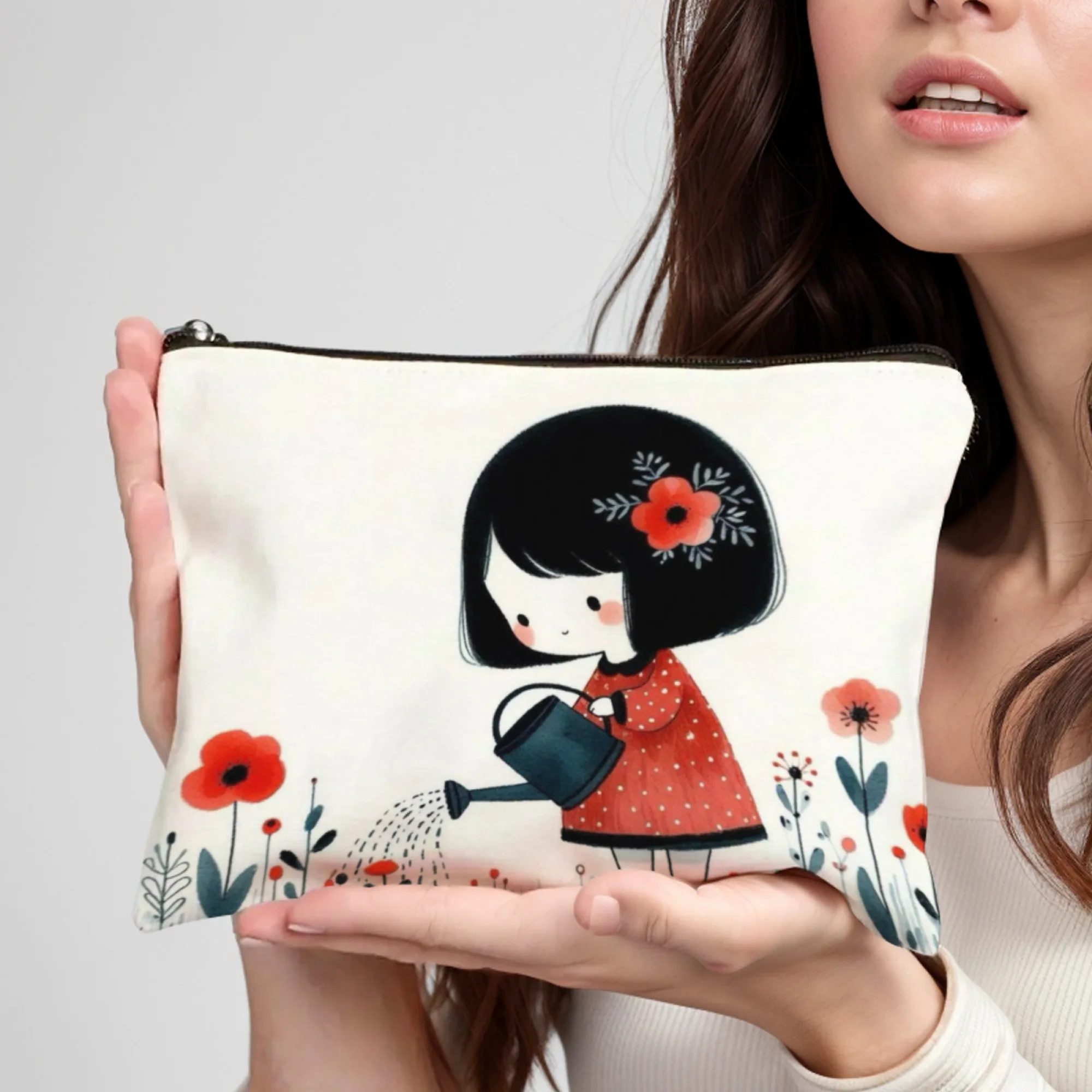 

Flower Watering Girl Print Makeup Bag Lightweight Portable Cosmetic Case With Zipper Closure Ideal For Women Birthday Christmas